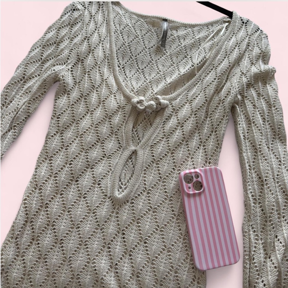 Cream crochet flared long sleeve cover up dress | Size Small/Medium